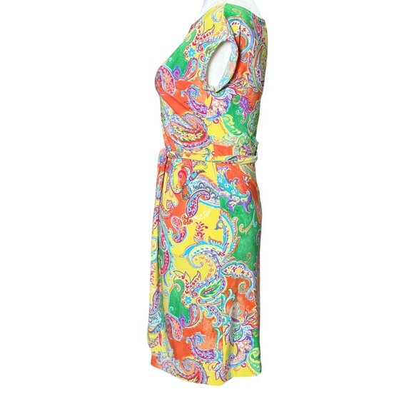 LAUREN RALPH LAUREN $169 Paisley Colorful Jersey Cap Sleeve Belted Dress Sz P XS - Picture 5 of 10